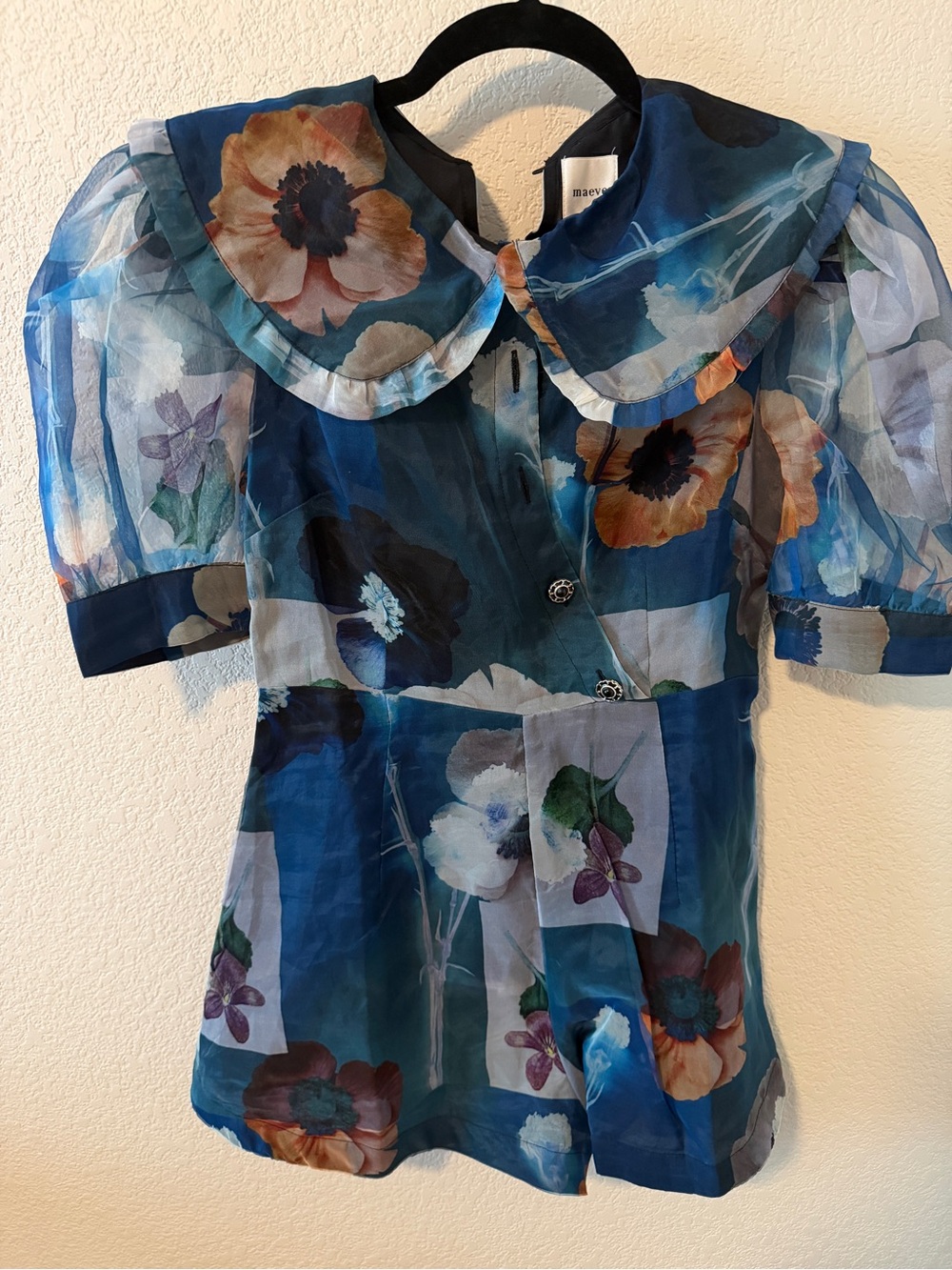 Maeve Puff-Sleeve Collared Organza Romper - Picture 2 of 5
